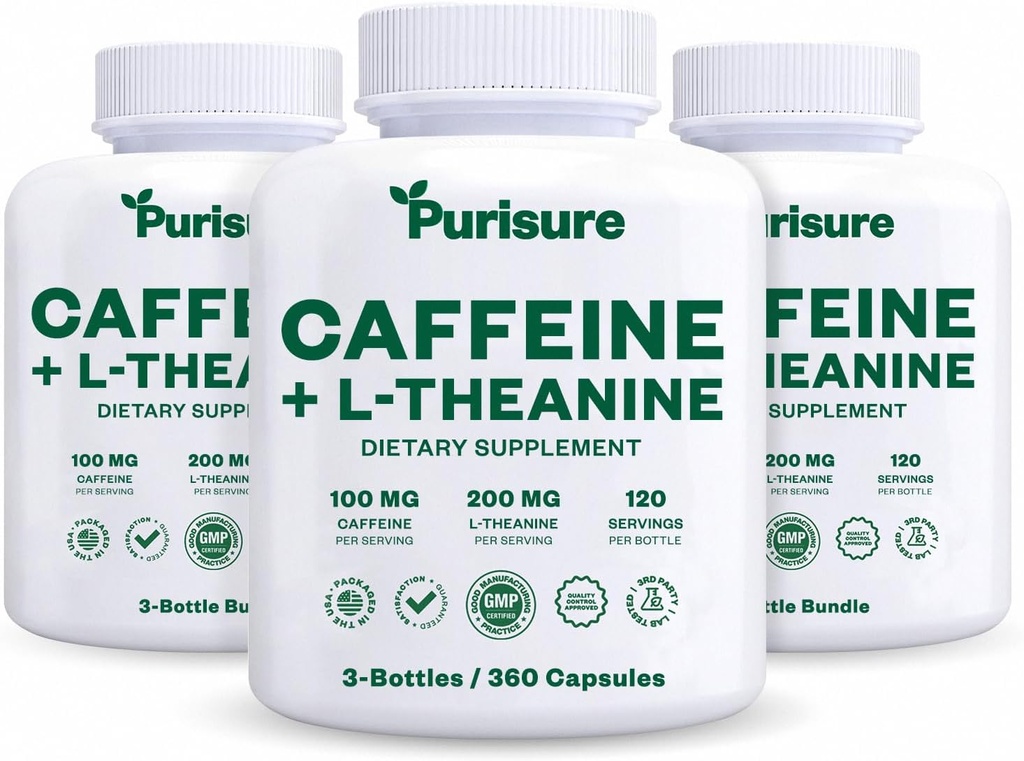Purisure Caffeine Theanine 캡슐 알약 100mg Caffeine + 200mg L Theanine for Pre Workout Energy and Clarity Energy Pills for Fatigue, Nootropic 보충교재, 120 일 공급, 3 팩