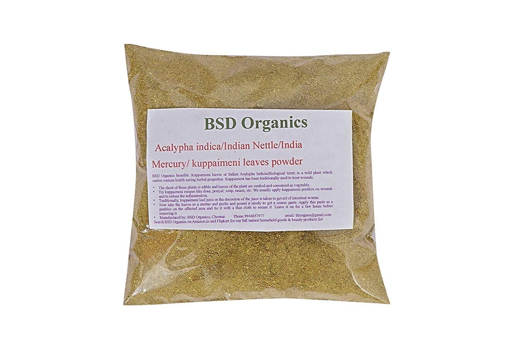 BSD ORGANICS는 Acalypha indica/Indian Nettle/Indian Mercury/Indian Copperleaf/kuppaimeni (50 그램/1.7 오닉스)의 분말을 남겨 둡니다.