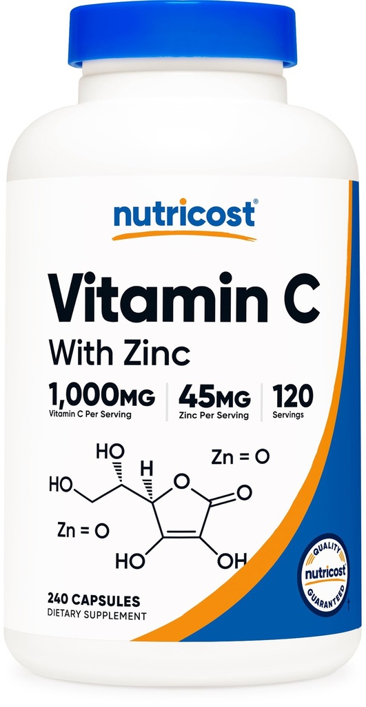 아연 캡슐, 120 서빙 - 1000mg, 45mg 아연, 비 GMO, 글루텐 무료 비타민 C 보충을 가진 Nutricost 비타민 C