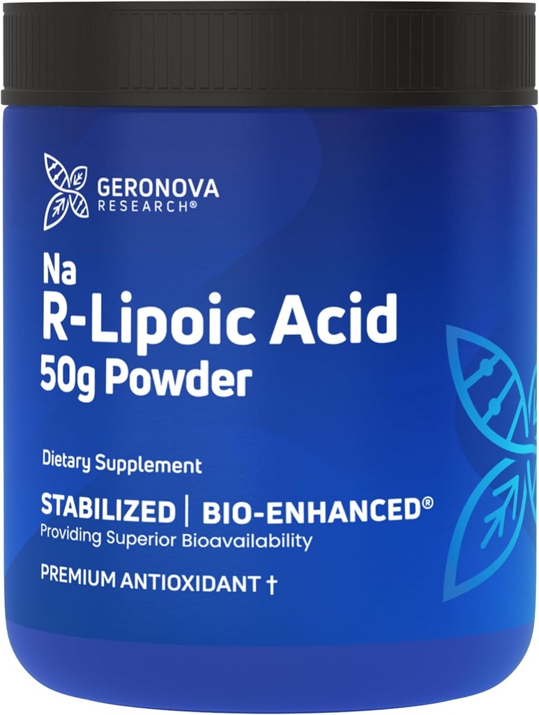 Geronova Research Bio-Enhanced Na R-Lipoic Acid Powder, 50g - 4 개월 공급 - 유연한 복용량을위한 안정화 R 알파 Lipoic Acid Powder - 쉬운 혼합 및 향상된 흡수 Nerve 지원 보충
