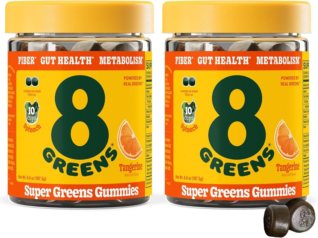 8Greens 매일 섬유 최고 녹색 Gummies - Tangerine 풍미: 8개의 진짜 녹색을 가진 부스트 면역 체계 & 소화 건강 - 비 GMO 공식, Chewables, 50 Vegan Gummies, 2의 팩