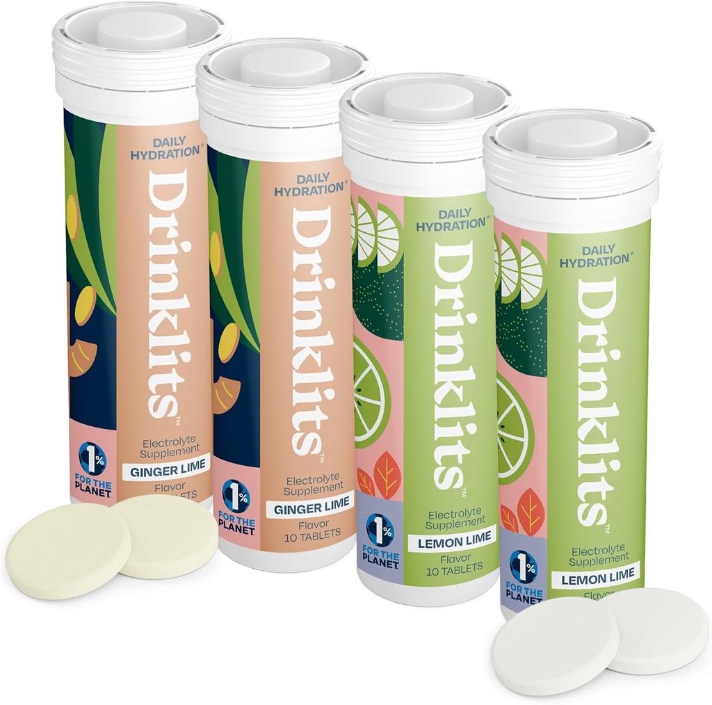 Drinklits Ginger-Lime & Lemon-Lime Electrolyte Tablets (4) 튜브 번들 | 일일 히드라 콤 팩 | 훌륭한 맛 – 0g Sugar – 자연 스포츠 음료 | 40 서빙 - 10 튜브 당 정제