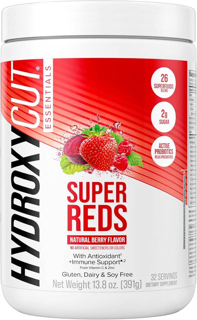 Hydroxycut Essentials Super Reds | Superfood Powder | 비타민 C & 아연 면역 지원 | 프로바이오틱스 | 26 Superfood Blend | 콩, 글루텐, 유제품 무료 (32 인분)
