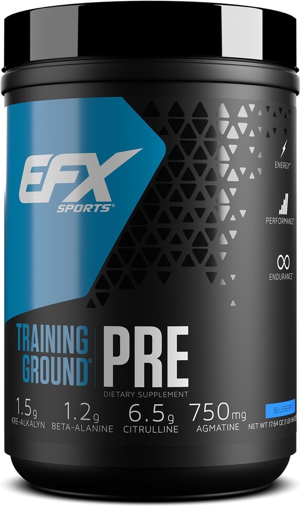 EFX Sports Training Ground Pre Workout Powder | 에너지 및 근육 펌프 | Hydromax Glycerol, Citrulline, Beta Alanine | 300mg 카페인 | 20 인분(블루베리)
