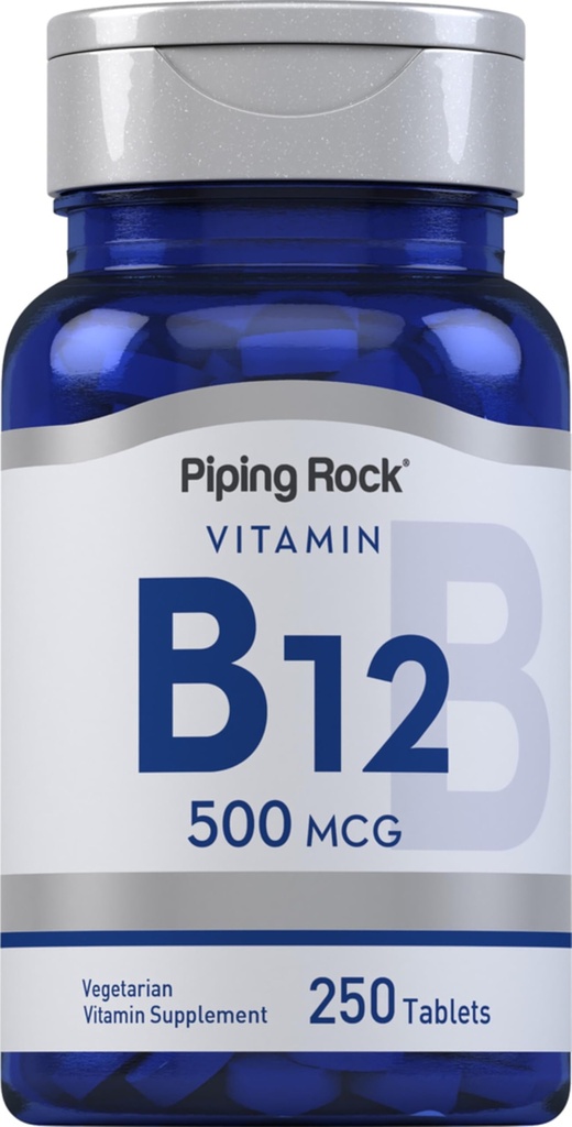 Piping Rock Vitamin B12 | 500 mcg | 250 정제 | 여성과 남성용 보충 | Cyanocobalamin | 채식주의, 비 GMO, 글루텐 무료