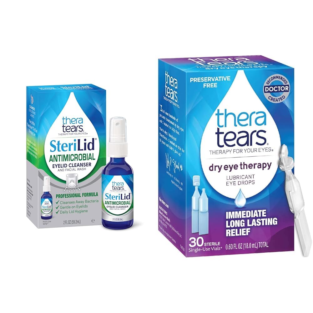 TheraTears SteriLid Eyelid Cleanser 및 건조 눈 치료 윤활유 눈 드롭 번들, 2 fl oz 및 30 Vials