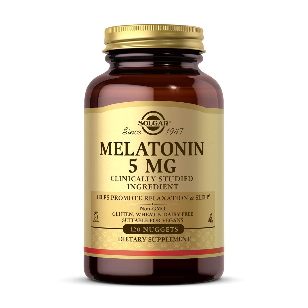 Solgar Melatonin 5 mg, 120 Nuggets - Relaxation & Rest - 임상적으로 Studied Melatonin - Vegan, Gluten Free, Dairy Free, Kosher - 120 서빙