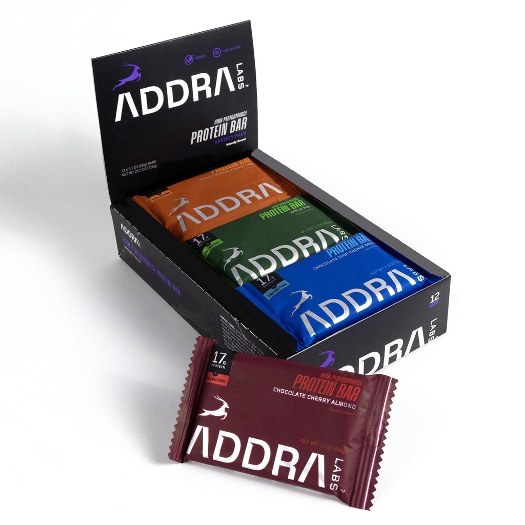 ADDRA Protein Bar - 글루텐 - 무료, 런너, 17g Protein + 1.5g BCAA Leucine, 낮은 설탕, 채식, 식물 기반, & 낙농 맛, 혼합 케이스 다양성 팩, 12 팩