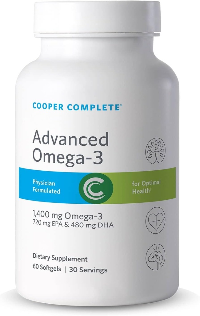Cooper Complete - 고급 오메가 3 - 물고기 오일 보충, 농축 된 EPA + DHA 오메가 3 지방산 1400 mg - 병 당 60 Softgels. 팩 2