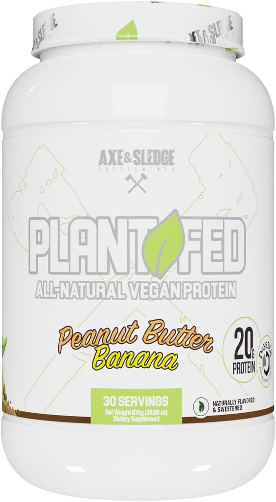 Axe & Sledge Plant Fed Vegan Protein Powder | 20g 모든 천연 단백질, 자연적으로 맛, 단화 및 착색 | 낮은 캐비티, Zero Sugar, Macro-Friendly | 케토 | 30 인분, 땅콩 버터 바나나나