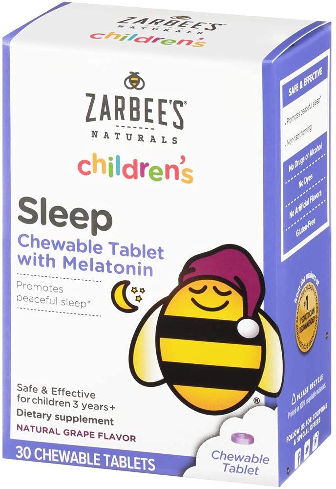 Zarbee의 아이 1mg Melatonin Chewable 정제, 약 자유로운 & 효과적인 수면 보충교재, 아이들 나이 3를 위한 자연적인 포도 풍미 정제를 가지고 가기 쉬운, 30 조사