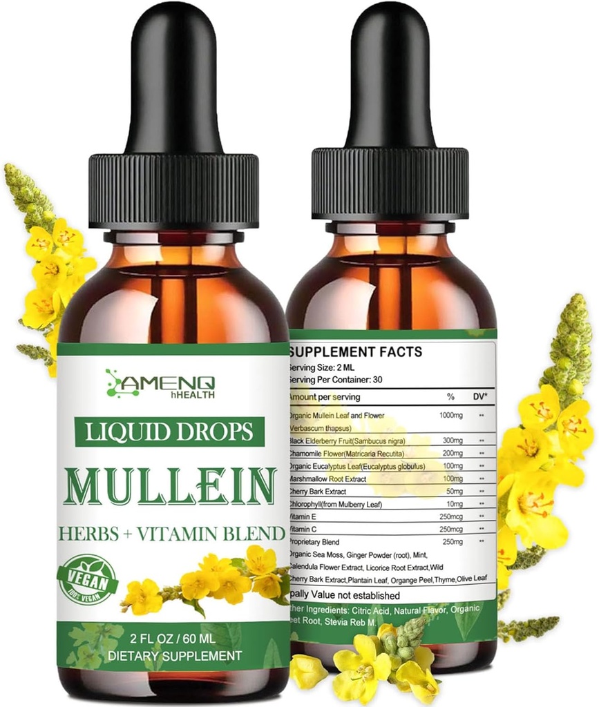 Lungs를 위한 Mullein 하락, 연기, 유기 Mullein 및 Lungs를 위한 강력한 Lung Cleanse Detox, Lung & Bronchia, 호흡 건강, 면역 부스트 2 FL/OZ를 위한 Mullein 잎 추출물