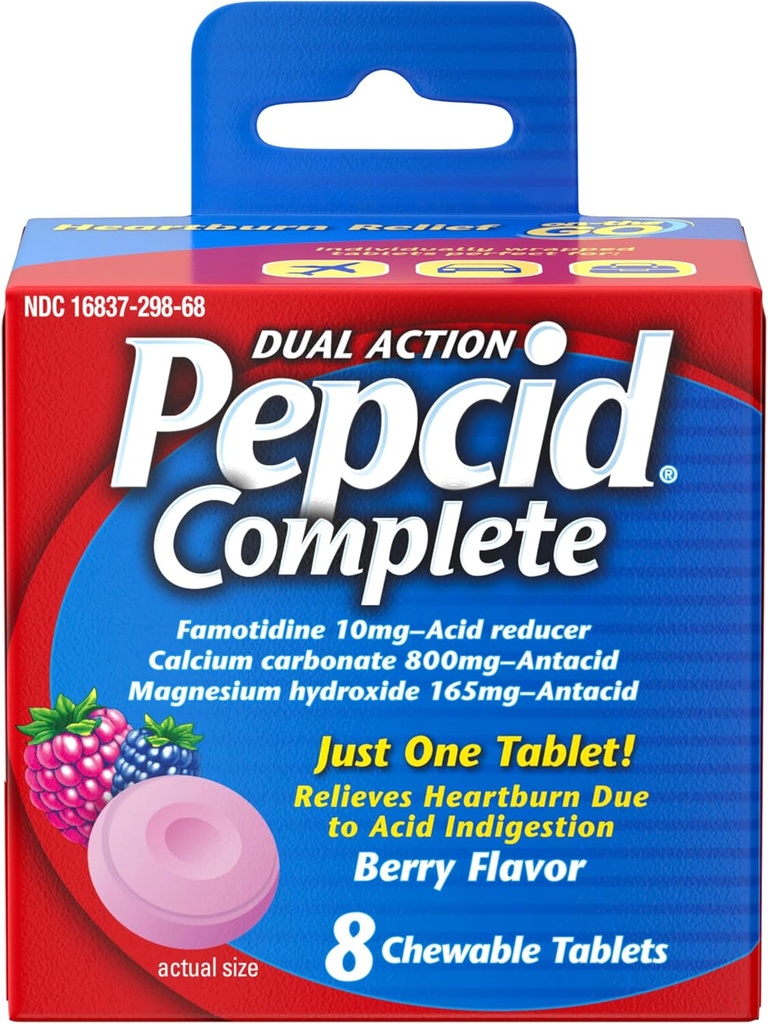 Pepcid 산 Reflux, 10mg Famotidine, 800mg 칼슘 탄산염 & Heartburn 약 정제, Antacid Chews, Berry, 8 ct 당 165mg 마그네슘 Hydroxide를 위한 완전한 산성 흡진기 + Antacid
