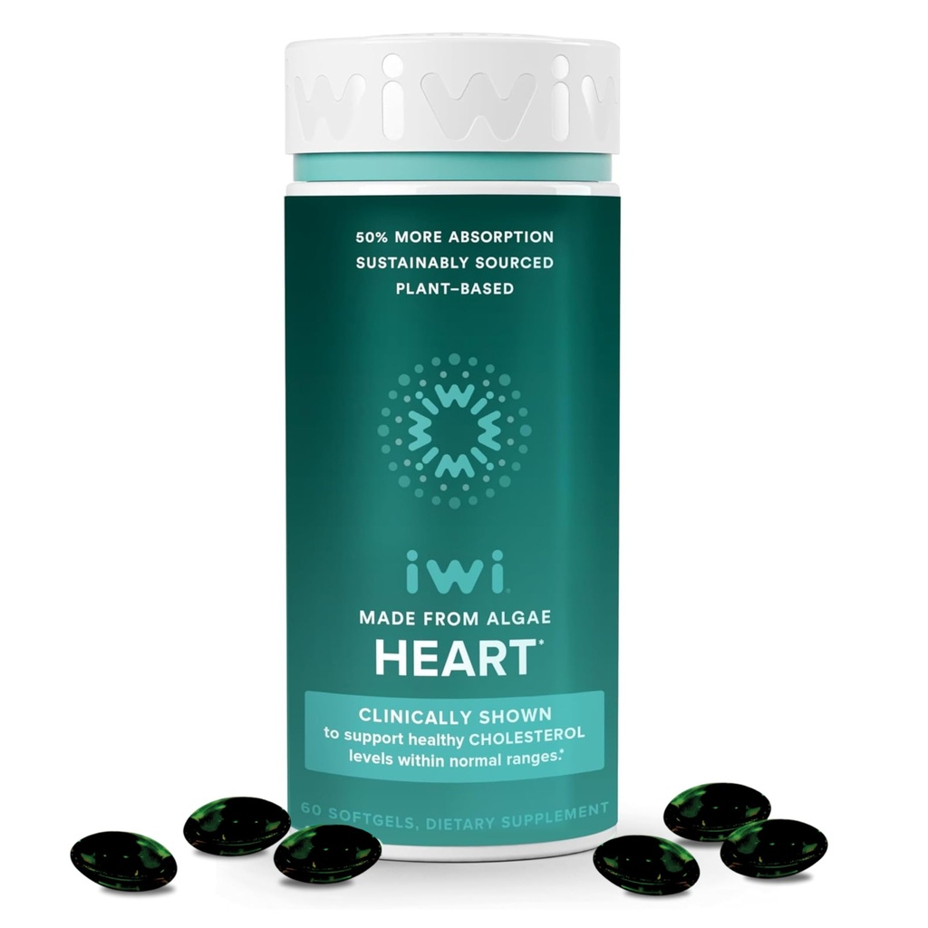 Iwi Life Heart Omega-3, 60 Softgels (30 서빙), Vegan Plant-Based Algae Omega Fatty Acid + EPA, Heart Health Support Dietary Supplement, Krill & Fish Oil Alternative, No Fishy Aftertaste 없음