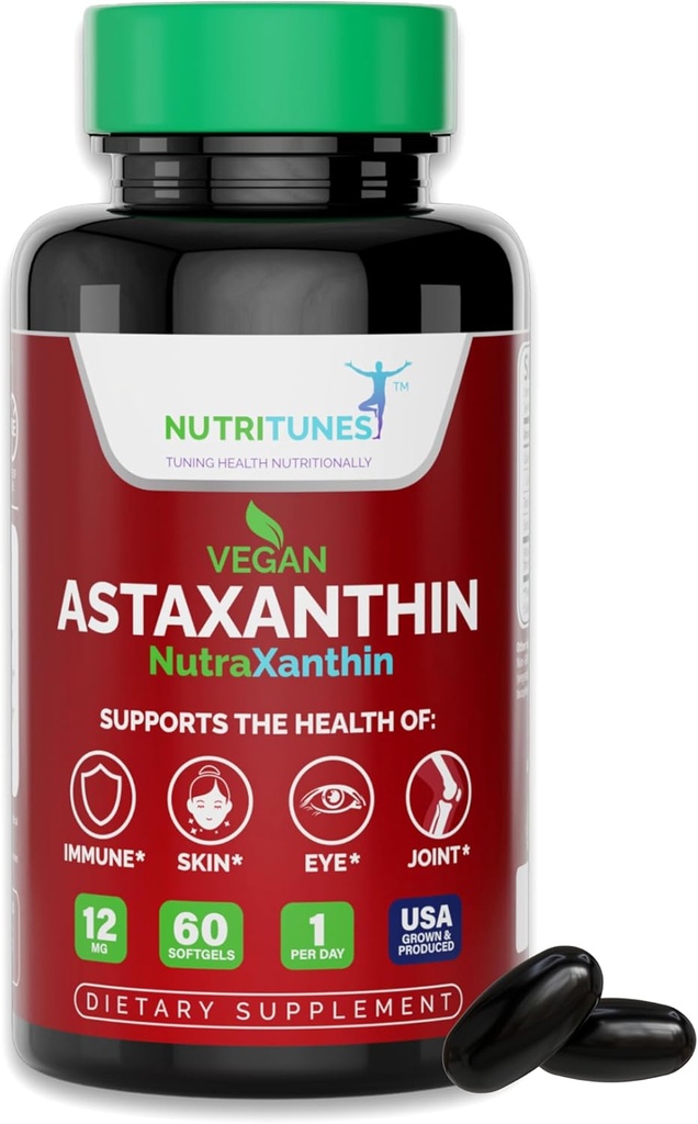Astaxanthin 12mg Vegan Softgels – 피부, 눈 & 면역 지원 – 비 GMO, Gluten, Soy, Lactose & BSE, 60 Vegan Softgels, 2 월 공급 무료