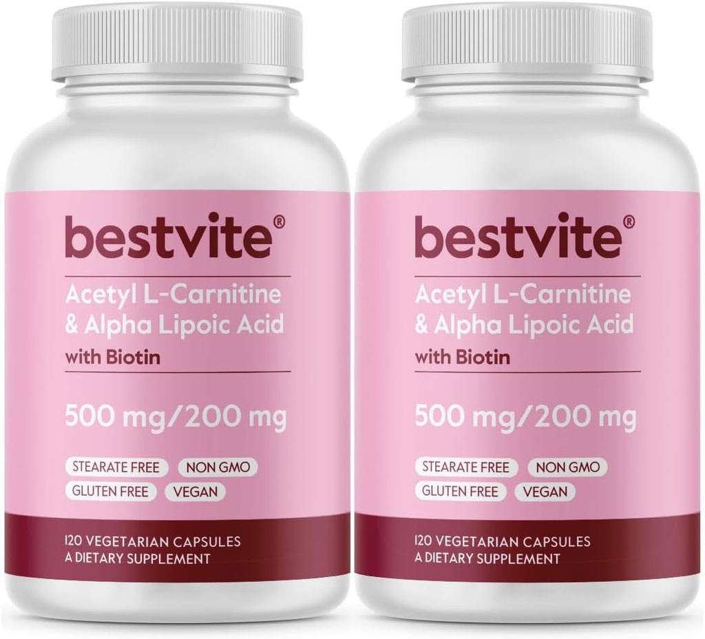 최고의 아세틸 L 카르니틴 500mg & 알파 Lipoic Acid 200mg / 캡슐 당 Biotin (240 채식 캡슐) (120 x 2) - Stearates 없음 - Vegan - Non GMO - 글루텐 무료