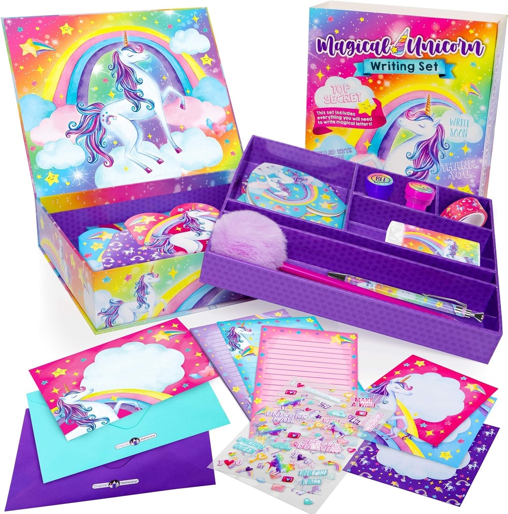 Original Stationery Unicorn Letter Writing Kit - 45 조각 멀티 컬러 종이 및 스티커 세트 보라색 저장 상자 - 편지 용지에 대한 소녀