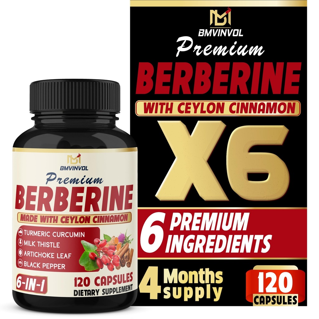 BMVINVOL 6in1 Berberine 보충 Ceylon Cinnamon, Tumeric 뿌리, 우유 이틀, Artichoke, 4 달 공급을 위한 까만 고추 -120 캡슐