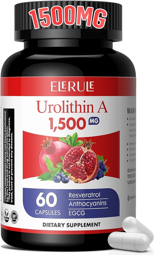 Urolithin 보충 1000 mg 플러스 Trans-Resveratrol, Anthocyanins, 녹차, 건강한 노후화, 지원 셀룰러 및 에너지 남자 & 여자, 60 캡슐-60