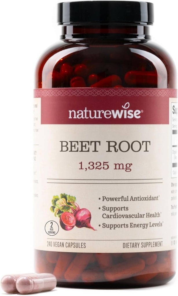 NatureWise Beet Root Capsules 1325mg with Organic Beetroot - 순환 및 심장 건강 지원을위한 니트로 산화물 부스터 - Vegan, Gluten-Free, Non-GMO - 240 캡슐 [120 일 공급]