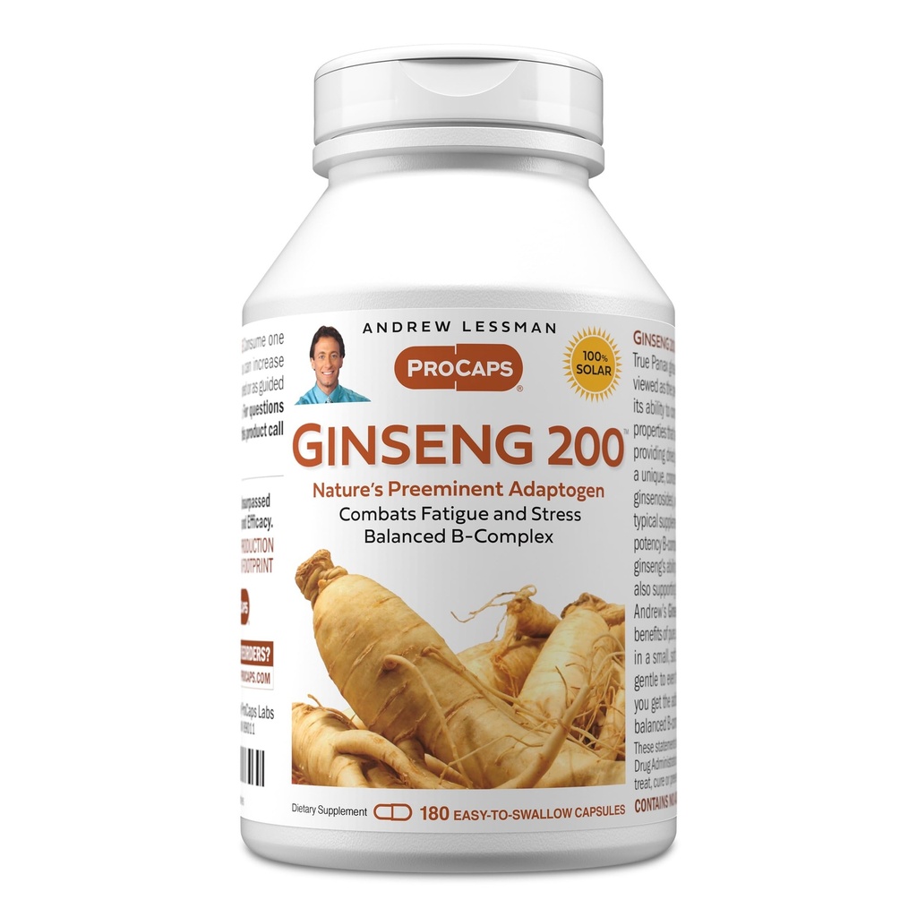 ANDREW LESSMAN Ginseng 200mg - 180 캡슐 - 잘 행동을 지원하기 위해 표준화 된 추출물. Adaptogen, 피로 및 스트레스. Gentle, 작은, 쉽게 얕은 캡슐. 없음 첨가제