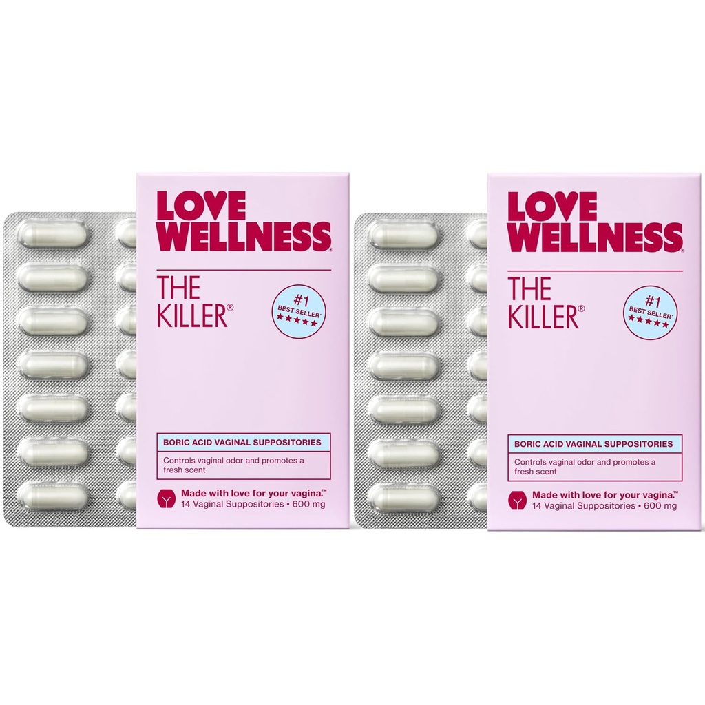 Love Wellness The Killer | Boric Acid Vaginal Suppositories | 밸런스 pH 및 지원 냄새 제어, 건강한 질 균형과 환경 | 빠른 행동 및 향수 무료 | Gentle & effective | 28 Ct