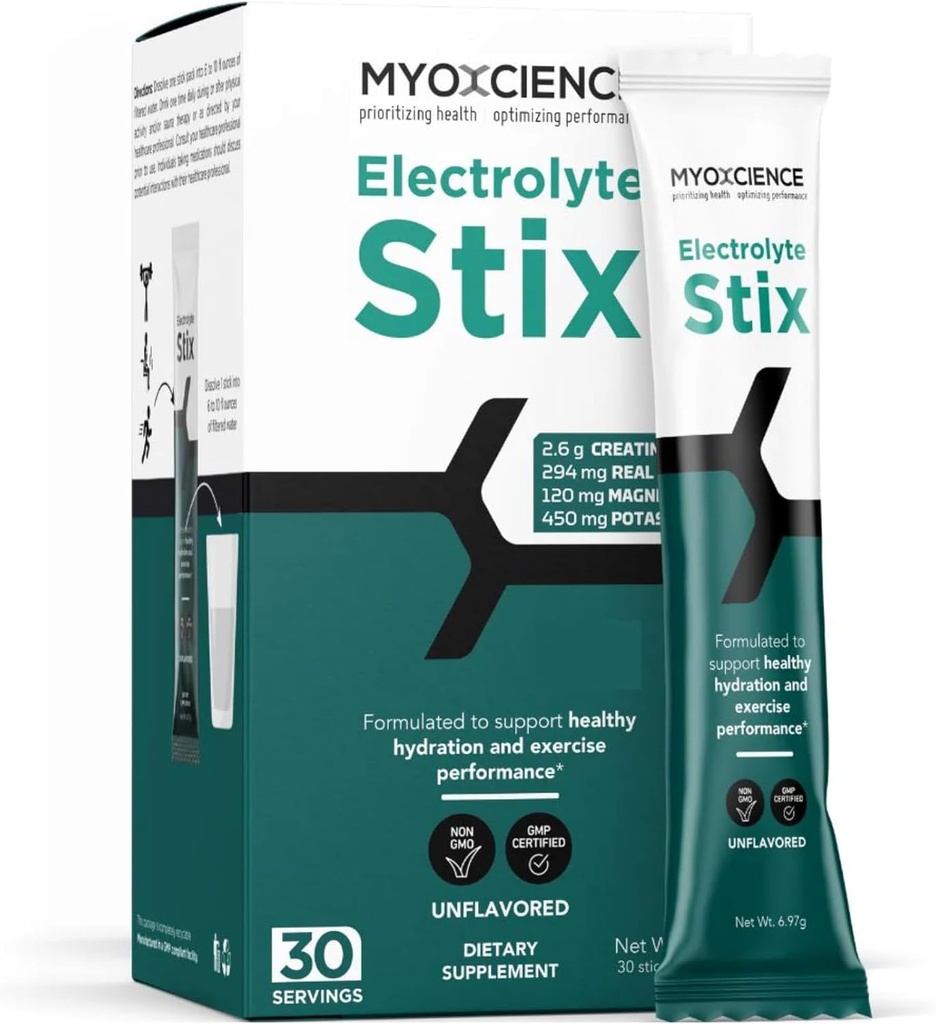 MYOXCIENCE Electrolyte STIX | Creatine Electrolyte Powder | 운동 및 근육 개발 w/Real Salt (Unflavored)에서 복구 (Stix 30 ct)