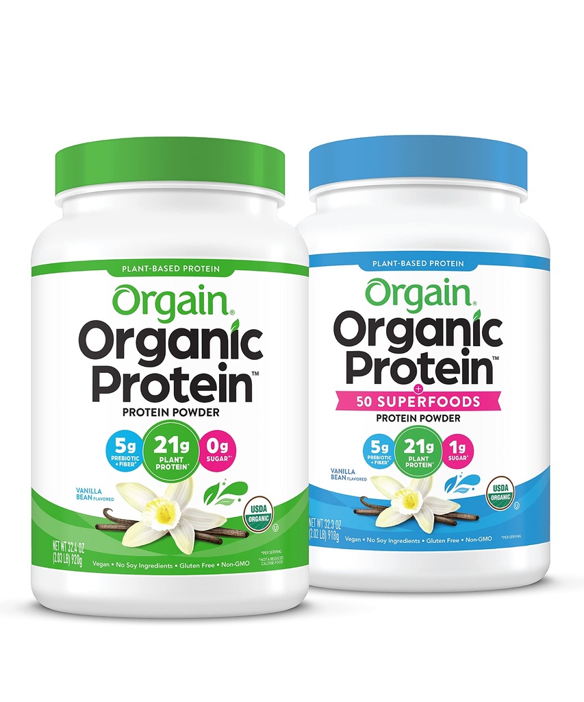 Orgain Organic Vegan & Organic Protein + Superfoods Powders, 바닐라 콩 맛 - 식물 기반 단백질, 글루텐 무료