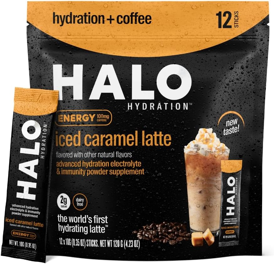 HALO Iced Caramel Latte - 에너지 음료 분말 - Electrolytes, Caffeine, 비타민 및 미네랄이 함유 된 건강한 커피 혼합 - 20 칼로리 - Keto 및 낮은 칼로리 - 1 x 12 스틱