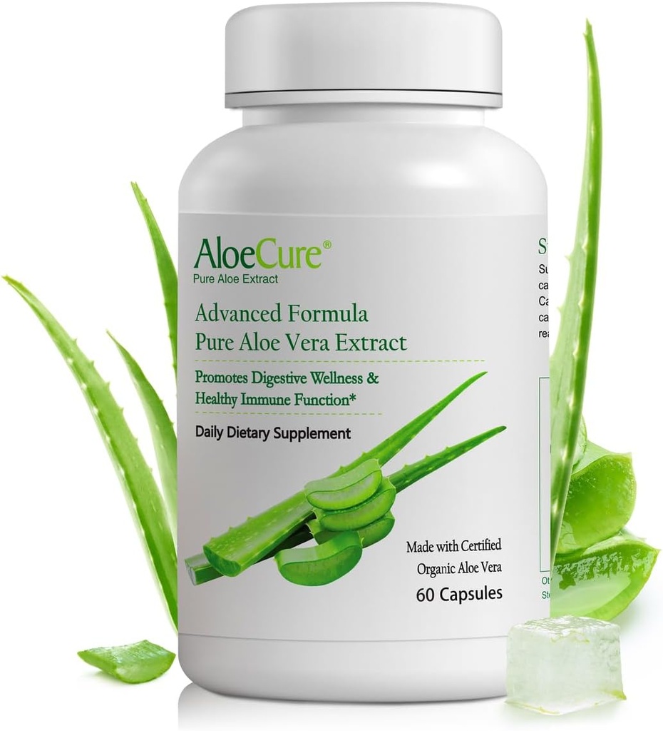AloeCure 유기 알로에 Vera 캡슐, 봉사 당 130,000mg 안 알로에 잎 Equivelant, 지원 Gut 건강 & 소화성 안락, Stomach 산성 완충기, 자연적인 면역 보충교재, Aloin는, 60의 캡슐 해방합니다