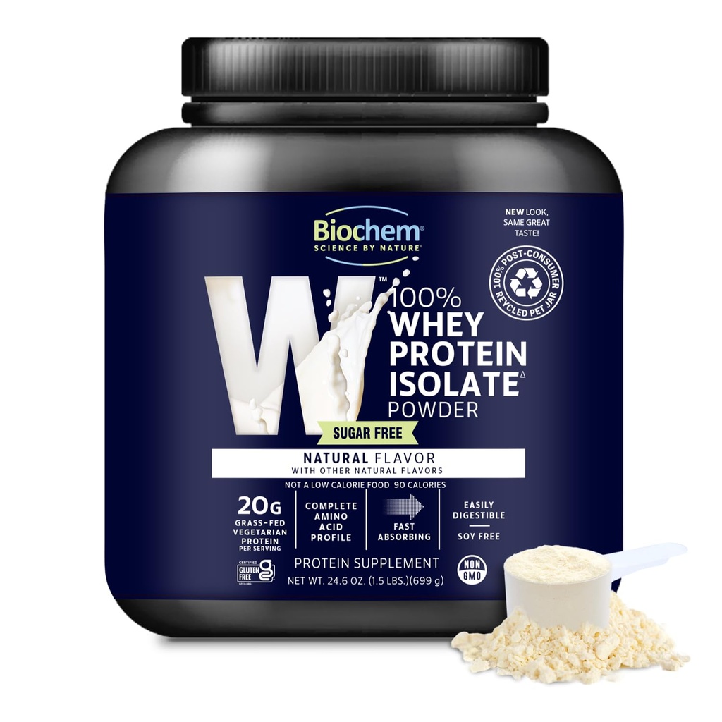 Biochem 100 % Whey Isolate Protein Powder - Grass Fed, Low Carb, Keto-Friendly, Non-GMO, Gluten-Free - 봉사 당 면역 건강 및 근육 회복 20g 채식 단백질 지원 - 천연 맛, 1.5lb