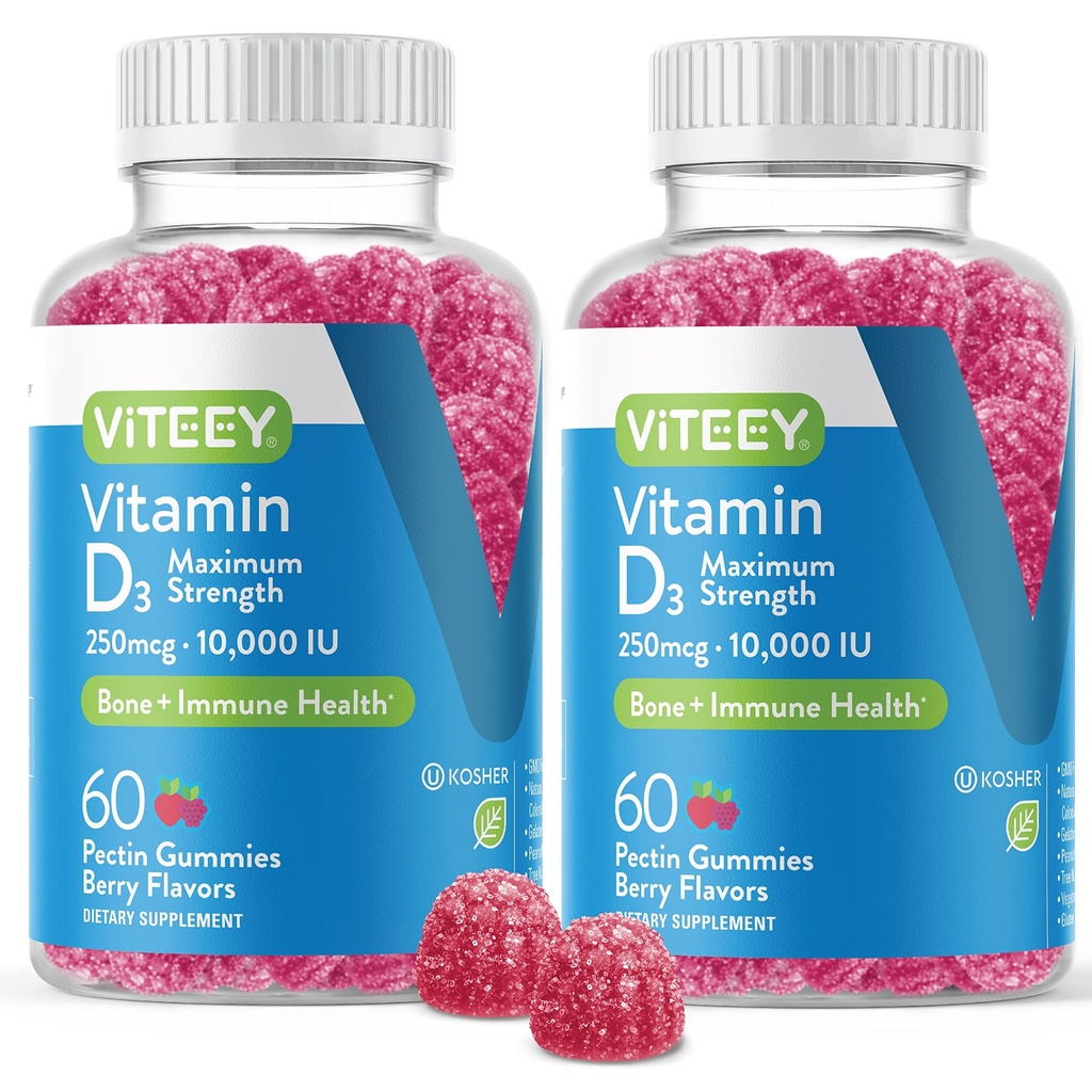 성인 및 청소년을위한 VITEEY 비타민 D3 Gummies - 10,000 IU, 250mcg, 최대 힘 - 합동 & 근육 건강, 면역 부스트 - Chewable 비타민 D Gummies - 채식주의, 젤라틴 무료 - 맛있는 베리 맛