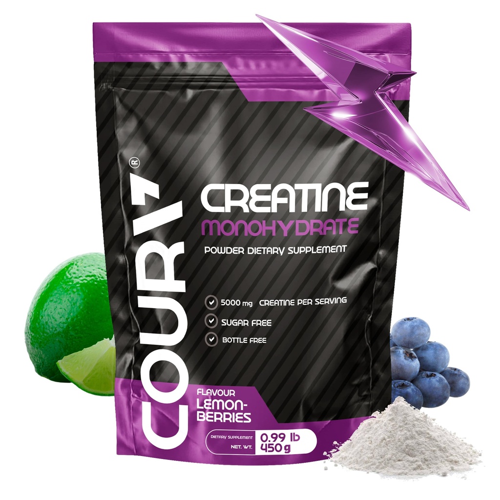 COURA Creatine Monohydrate Lemon-Berries 풍미 - 스포츠 보충교재 - 힘과 내구시간 - 강렬한 운동을 위한 이상 - 글루텐 자유로운 - 병 - 450g