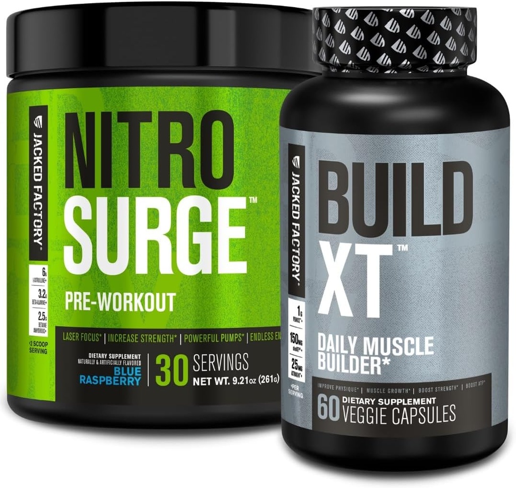 Jacked Factory Nitrosurge Pre-Workout ...에서 Blue Raspberry & Build XT Muscle Building 번들 ...에 대한 Men & Women