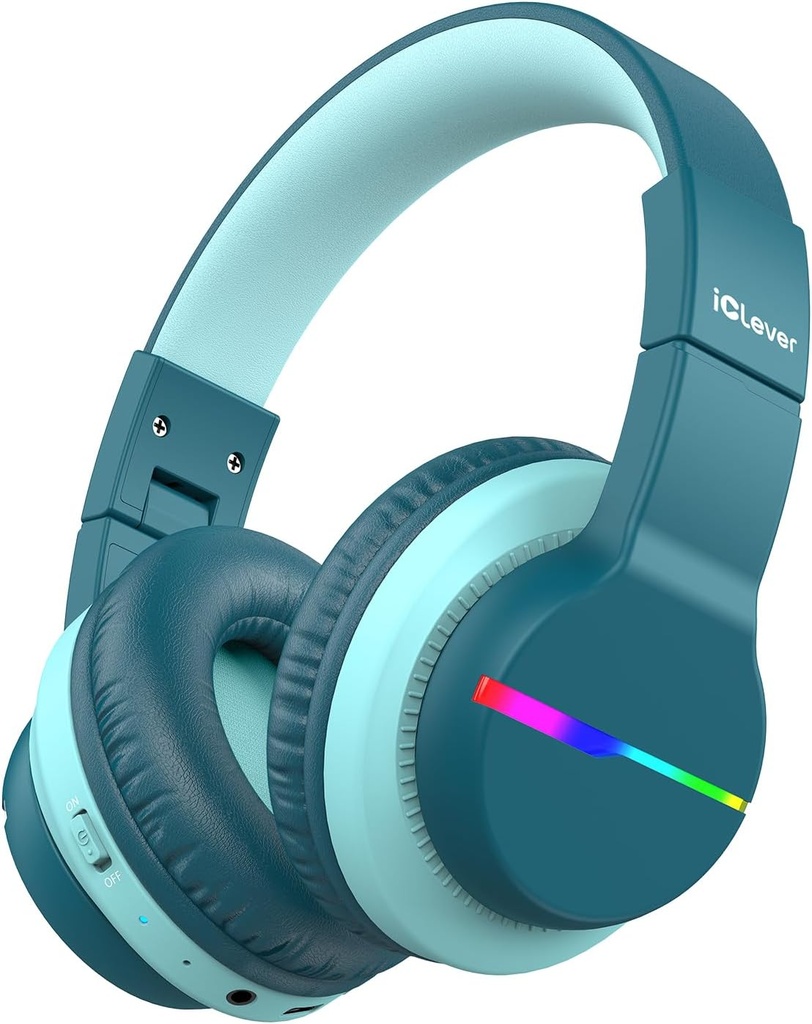 iClever BTH12 아이 Bluetooth 헤드폰, 다채로운 LED 빛 무선 아이 헤드폰, 74/85dBA 안전한 양, 85H 재생 시간, Bluetooth 5.2의 이어폰 이상 iPad/Tablet/Airplane, 녹색을 위한 붙박이 Mic