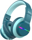 iClever BTH12 아이 Bluetooth 헤드폰, 다채로운 LED 빛 무선 아이 헤드폰, 74/85dBA 안전한 양, 85H 재생 시간, Bluetooth 5.2의 이어폰 이상 iPad/Tablet/Airplane, 녹색을 위한 붙박이 Mic