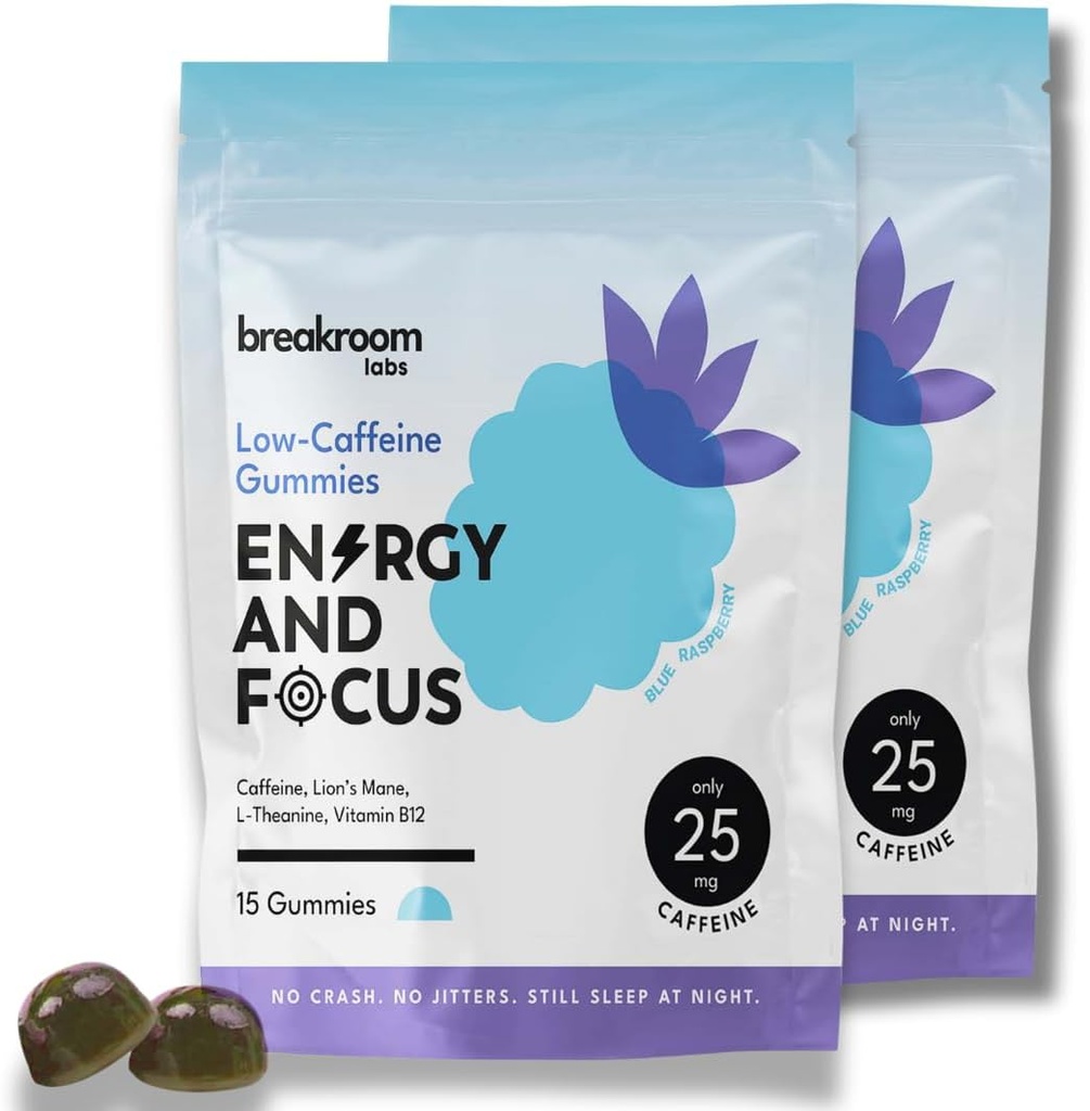 Breakroom Labs 에너지 및 초점 Gummies – 낮은 카페인 25mg w/L-Theanine, Lions Mane, 비타민 B12 - 성인, 아이를위한 Nootropic 두뇌 보충 - Vegan, 낮은 설탕, 블루 라즈베리 맛, 30 서빙
