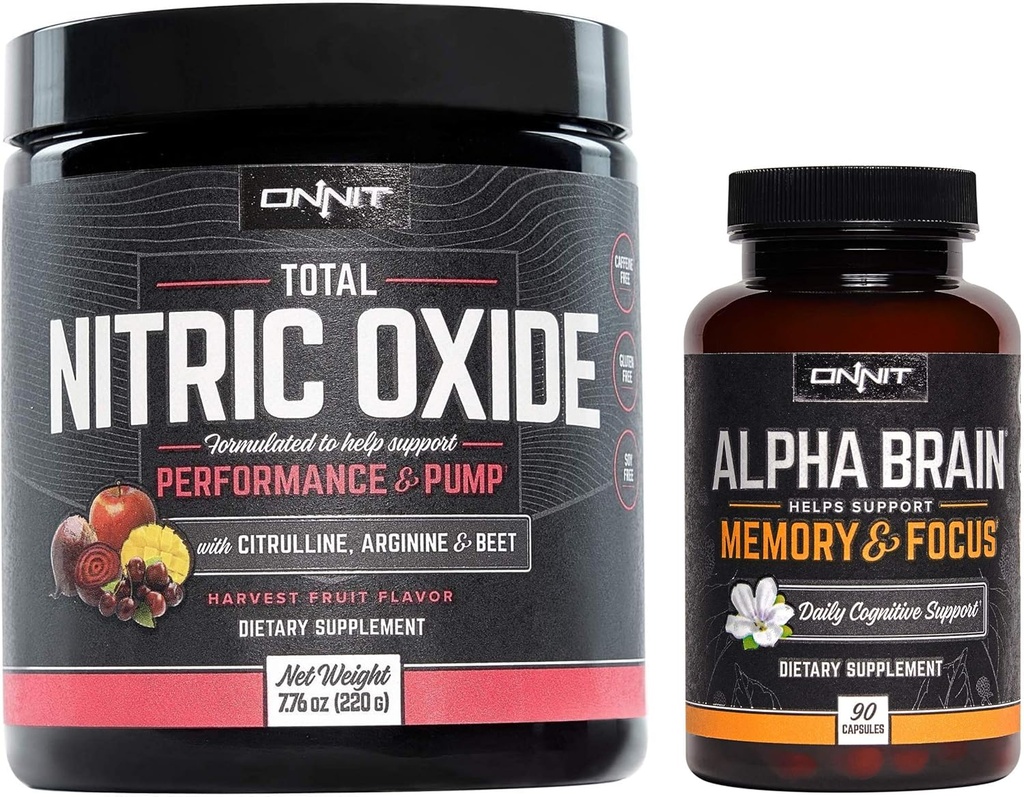ONNIT Nootropic + Preworkout Stack - 알파 뇌 (90ct) + 총 니트로 산화물 (허브 과일)