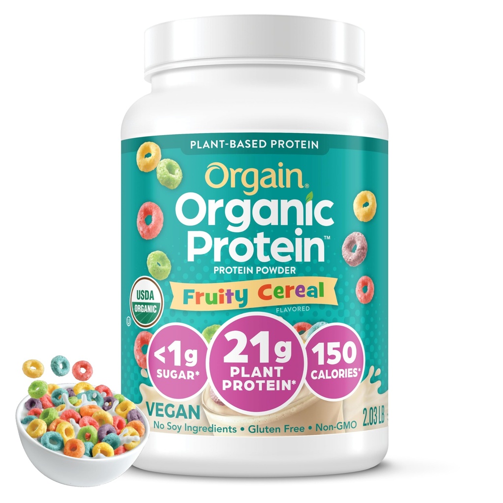 Orgain Organic Vegan Protein Powder, Fruity Cereal - 21g Plant based Protein, 8g Prebiotic Fiber, Low Net Carb, Lactose Ingredients 없음, 추가 설탕 없음, 비 GMO, Shakes 및 Smoothies 용, 2.03 lb