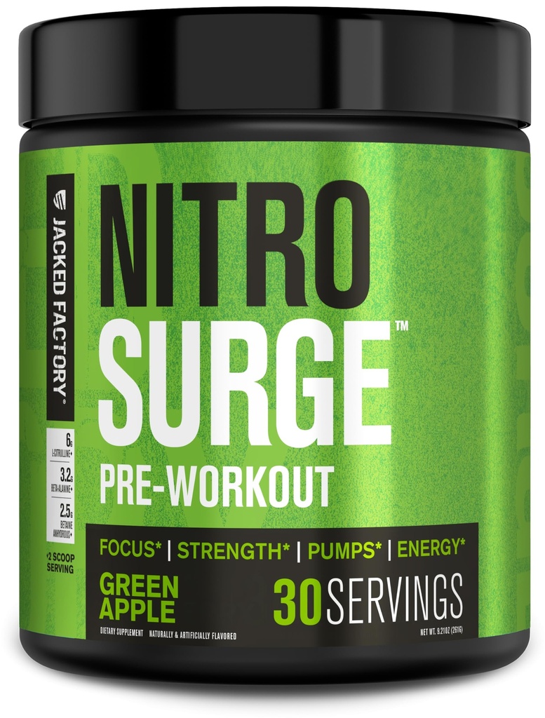 Jacked Factory NITROSURGE Pre Workout Supplement - Endless Energy, Instant Strength Gains, Clear Focus, Intense Pumps - NO 부스터 및 강력한 Preworkout Energy Powder - 30 서빙, 그린 애플