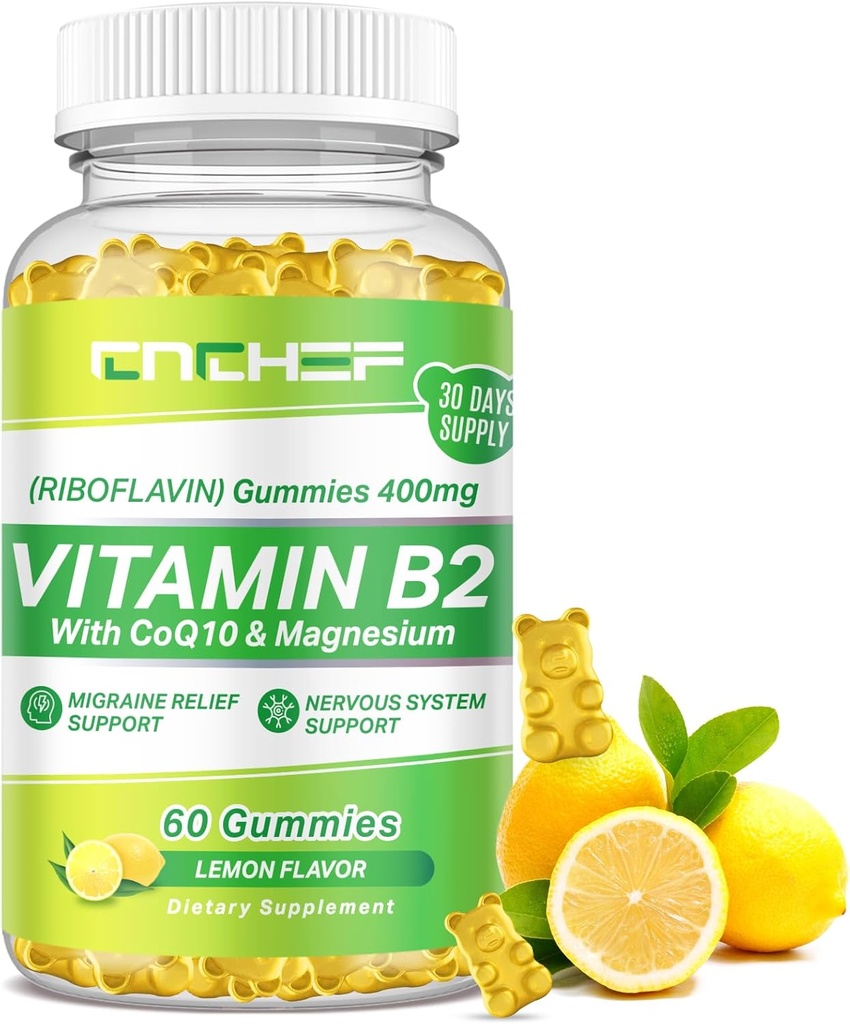 성인 & 아이를 위한 비타민 B2 Gummies - 마그네슘 글리세라이드 & CoQ10를 가진 Riboflavin 400mg 보충교재, 지원 Migraine 기복 & Nervous 체계, Boost 에너지, 설탕 자유로운 Vegan B2 Gummies 레몬 풍미