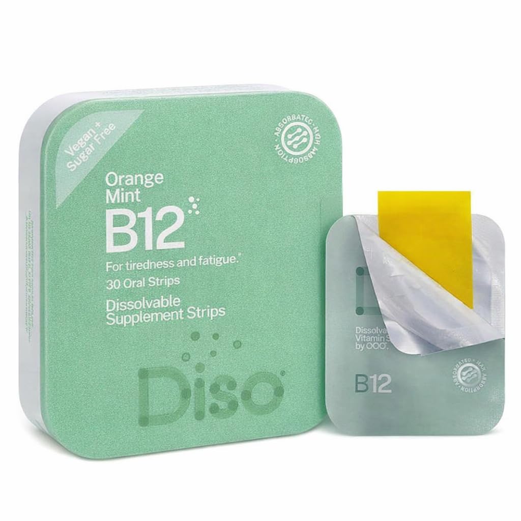 DISO - 비타민 B12 - 피로, 오렌지 민트 맛, Vegan, 설탕 무료, 최대 흡수, 글루텐 무료, 개별적으로 포장, 30 Dissolvable 스트립을위한 빠른 용해 구두 스트립