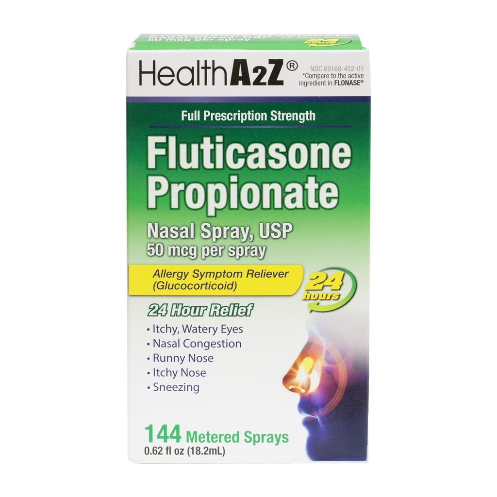 HealthA2Z® Fluticasone Propionate Nasal 스프레이 | 스프레이 당 50 mcg | 24 시간 알레르기 완화 | 144 스프레이 | 0.62 fl oz. (18.2mL) (0.62 fl oz. (1의 포장))