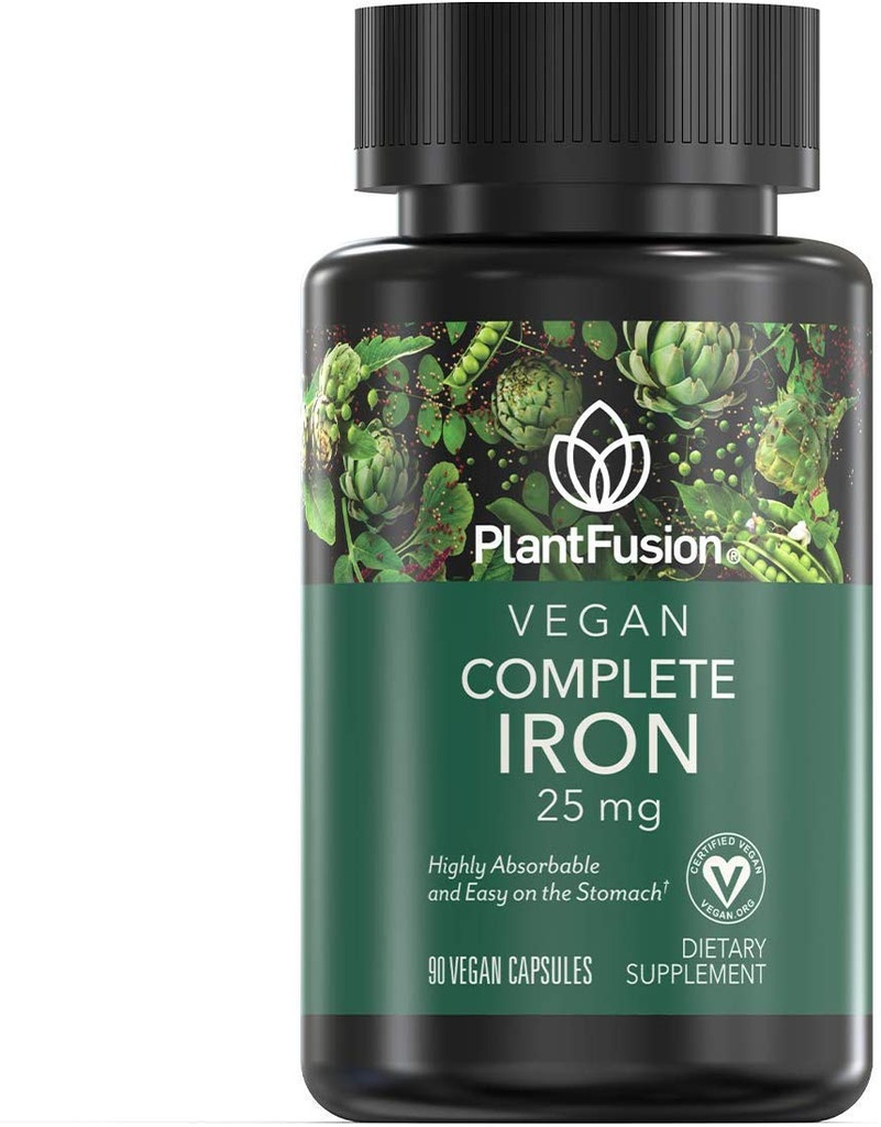 PlantFusion Vegan Iron 보충제, 프리미엄 플랜트 기반 철 보충제 여성 및 남성 (25mg), 플러스 Folate & B12, 90 Veggie 캡슐