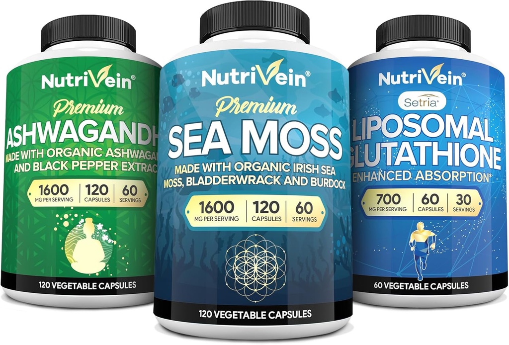 Nutrivein Premium Irish Sea Moss Capsules, Ashwagandha 및 Liposomal Glutathione 보충 번들 : Sea Moss, Reduced Glutathione, & Ashwagandha Immunity, Mood, Digestion, & Detox에 대한 보충제