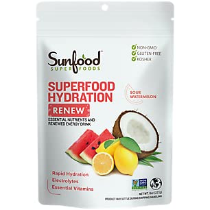 Sunfood Superfood Hydration Renew- Coconut Water Powder, 레몬, 바다 소금 및 무기물, 깨끗한 유기 전자 음료 혼합 - 8 oz Bag