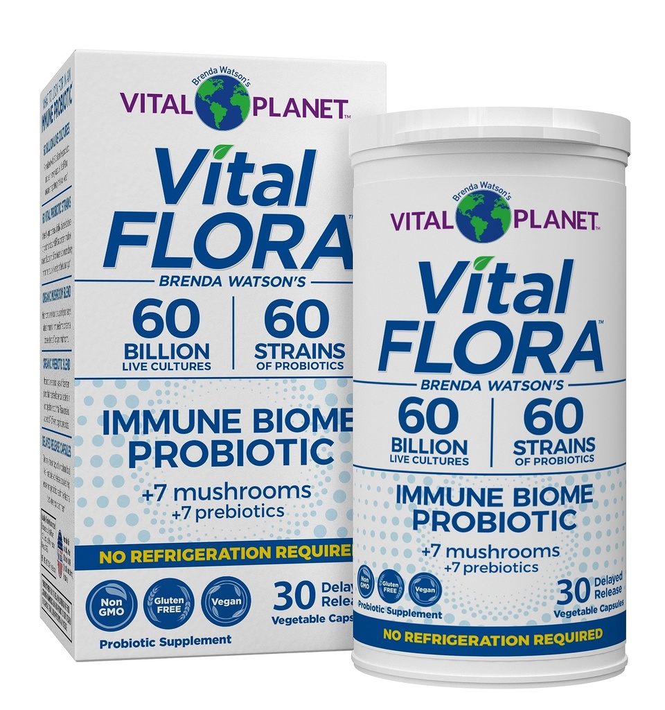 Vital Planet - Vital Flora Immune Support Probiotic, 60 Billion CFU, 60 Diverse Strains, 7 유기 버섯 보충 혼합 Prebiotics, 선반 안정 소화 건강 Probiotics 30 캡슐