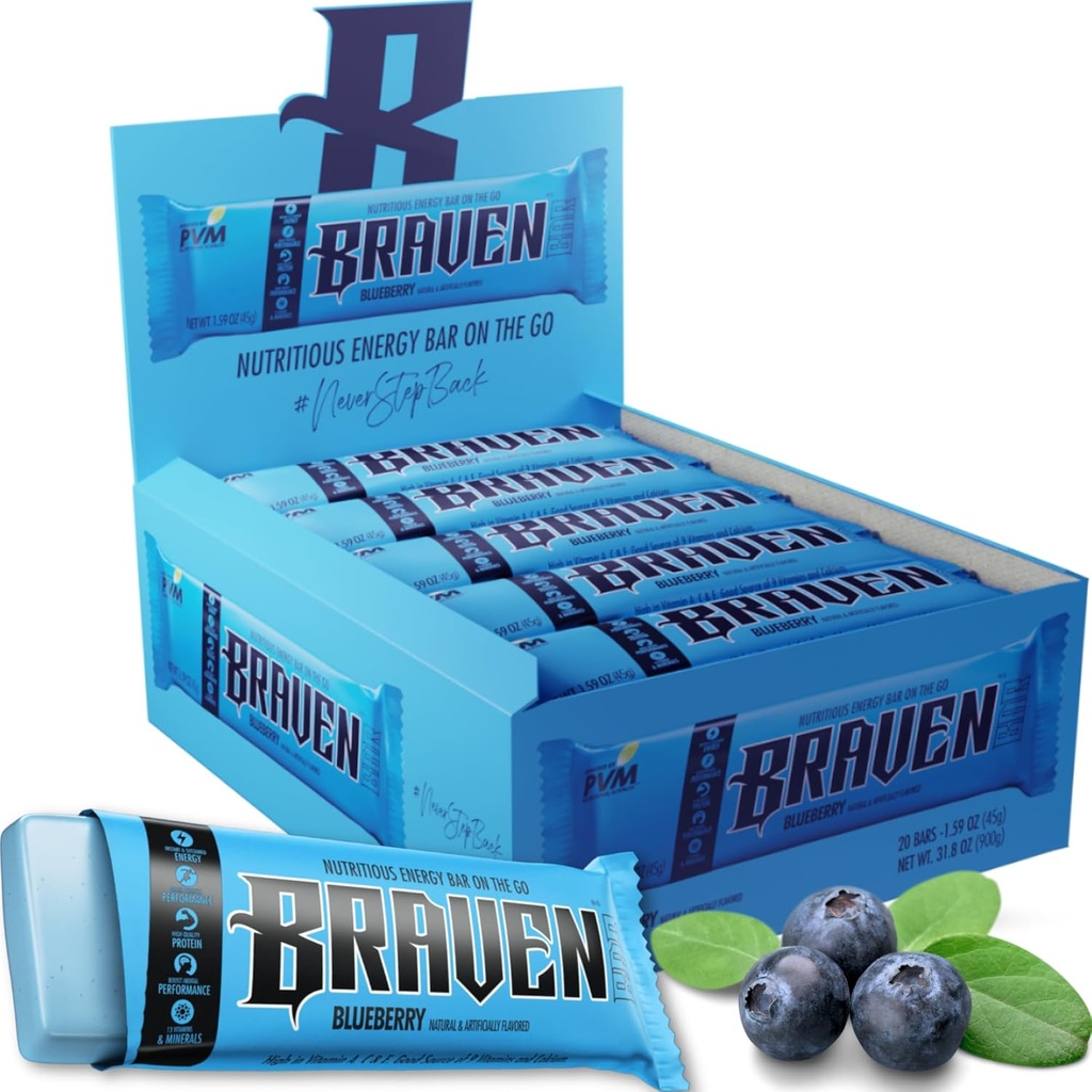 Braven Bar Blueberry Energy Bars (1.59 oz, 20 팩) - 5g Protein이있는 에너지 Chews - 운영, 하이킹 및 스포츠를위한 온 - 이동 에너지 스낵 - 지속 에너지 부스트를위한 글루텐 무료 스낵