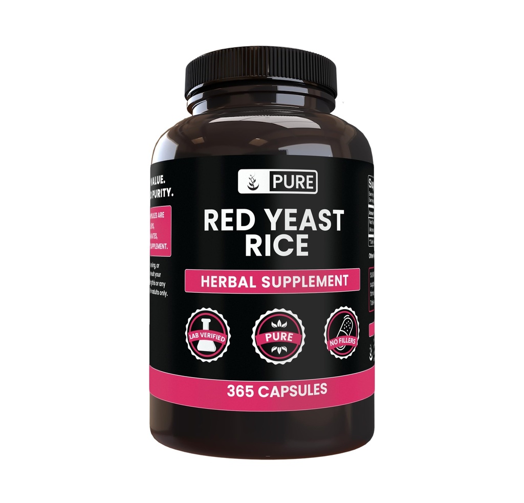 PURE ORIGINAL INGREDIENTS 빨간 효모 쌀 (365 캡슐) 마그네슘 또는 쌀 필러 없음, 항상 순수, 실험실 검증