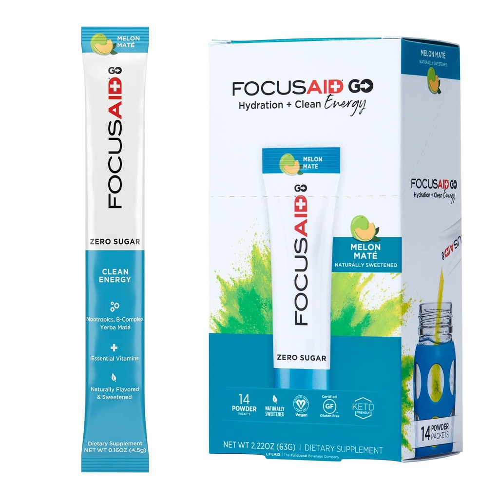 FOCUSAID GO Nootropics 에너지 혼합, Zero Sugar, Alpha-GPC, GABA, B-Complex, Yerba Mate, Green Tea, Keto Friendly, 100mg 천연 카페인 (14 포장)